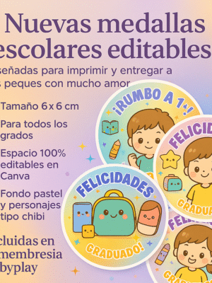 Pack de Medallas Escolares Chibi – 6x6 cm Editables