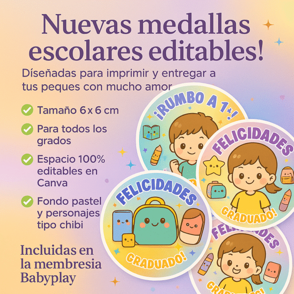 Pack de Medallas Escolares Chibi – 6x6 cm Editables