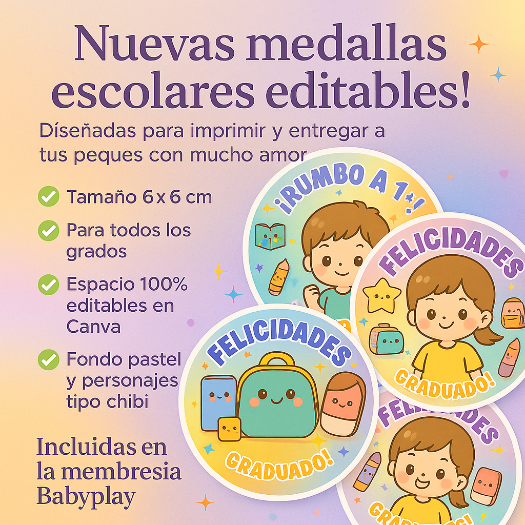 Pack de Medallas Escolares Chibi – 6x6 cm Editables